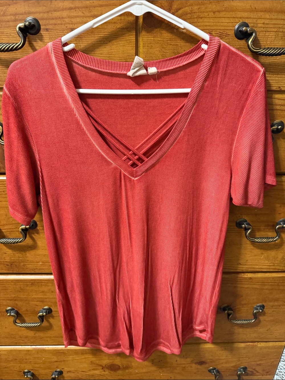 White Crow Red Pink Short-Sleeve V-Neck Top with Crisscross